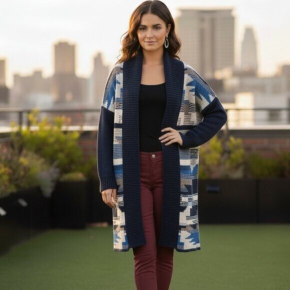 H&M Women's Cardigan Knit Sweater Long Maxi Duster Aztec Southwestern Print - Picture 1 of 16